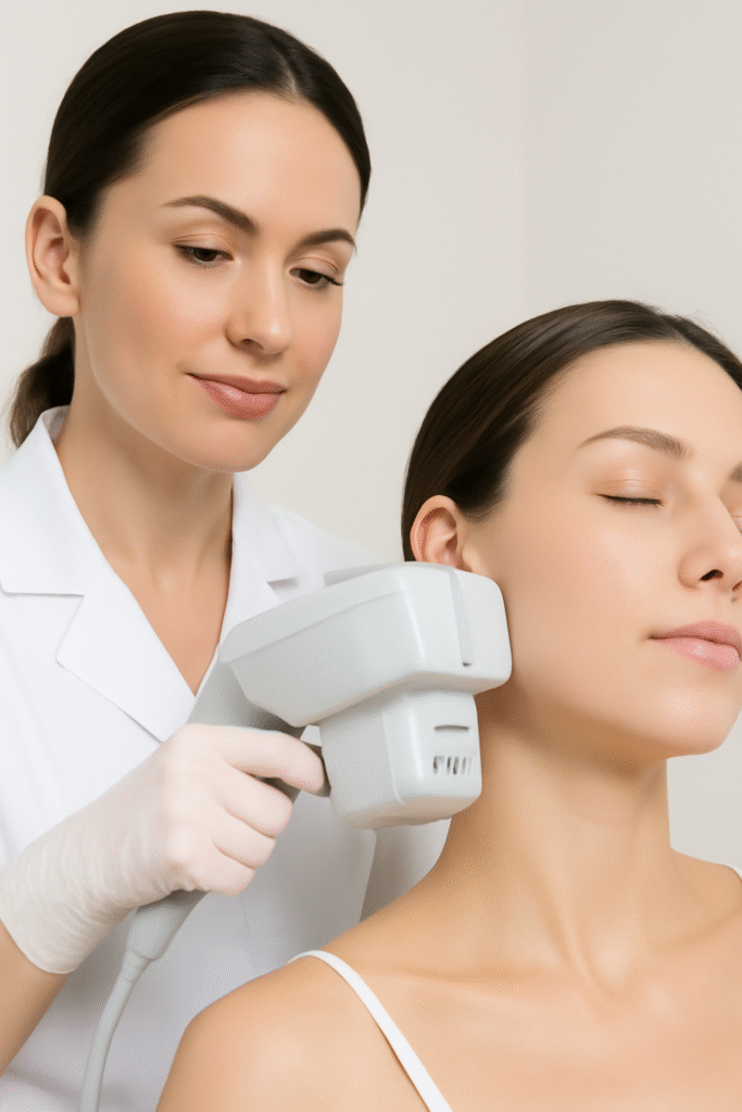 image showing HIFU treatment on a women by an aesthetician
